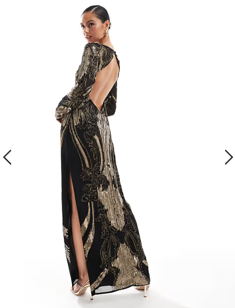 ASOS DESIGN embellished sheer long sleeve column maxi dress with open back in black and gold