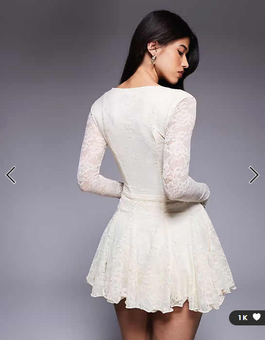 Murci square neck long sleeve gathered ruffle hem lace mini dress in cream