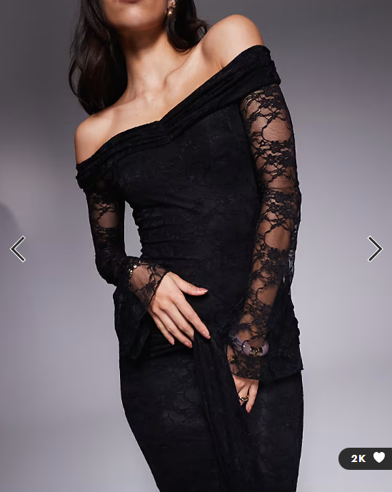Kaiia exclusive double layered slinky lace bardot flare sleeve tie waist drape detail maxi dress in black