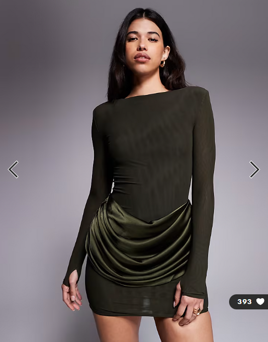 Wanderdoll Storm sculpting shoulder pad detail satin drape waist mini dress in forest green