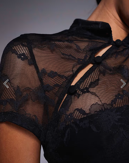 ASOS DESIGN fitted short sleeve lace top with rouleau loop button detail in black