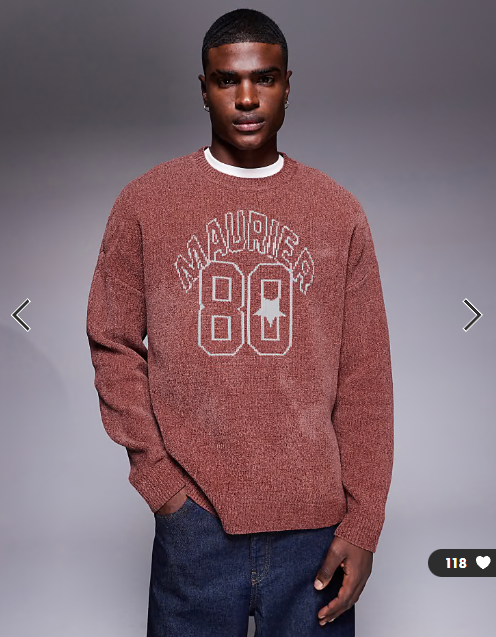 ASOS DESIGN oversized knitted chenille jumper with Maurier 80 graphic in red