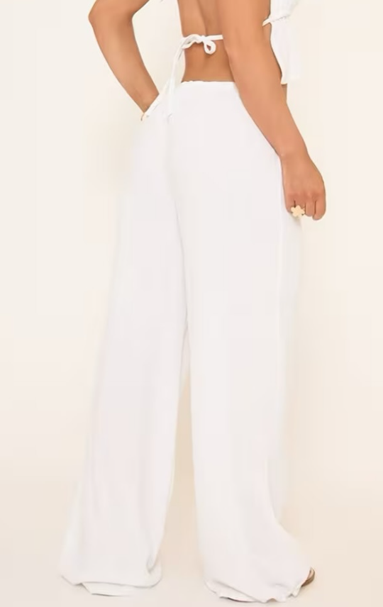 Ego - low rise tie waist wide leg trousers in white linen
