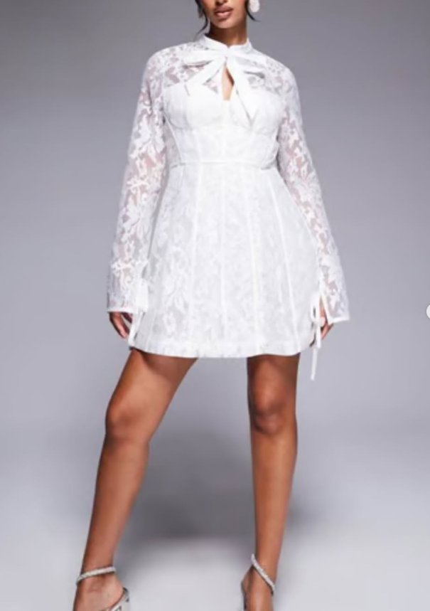 ASOS LUXE jacquard lace long sleeve caged mini dress in white