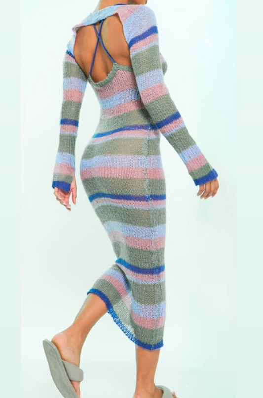 Plt - Blue Stripe Open Knit Maxi Dress and Sleeves PLT