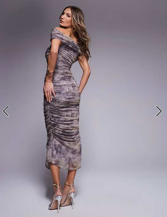 ASOS DESIGN mesh bardot ruched midi dress in dark marble print
