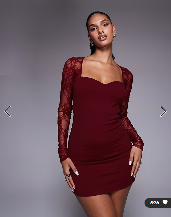 ASOS DESIGN mini dress with cutaway lace long sleeves in burgundy