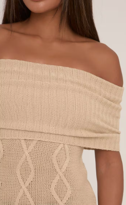 Oversized Bardot Maxi Dress In Stone Aran Knit