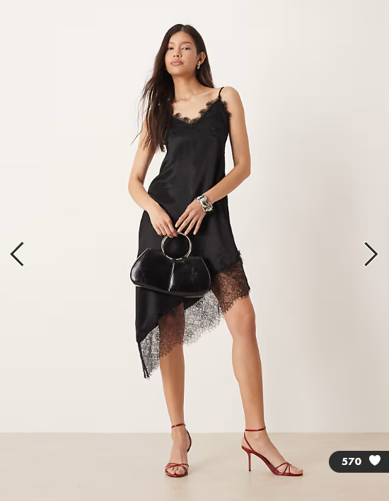 ASOS DESIGN satin lace trim asym hem maxi dress in black