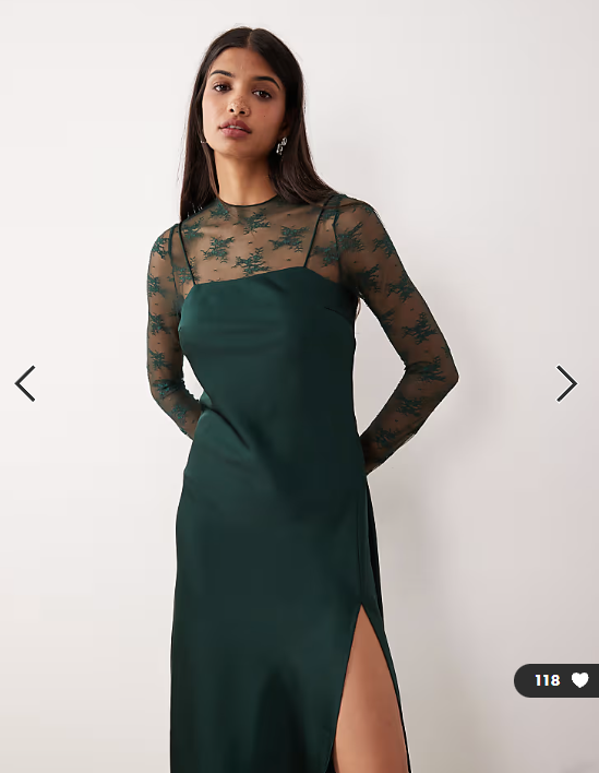 YAS hybrid high neck lace top and satin slip dress in dark green