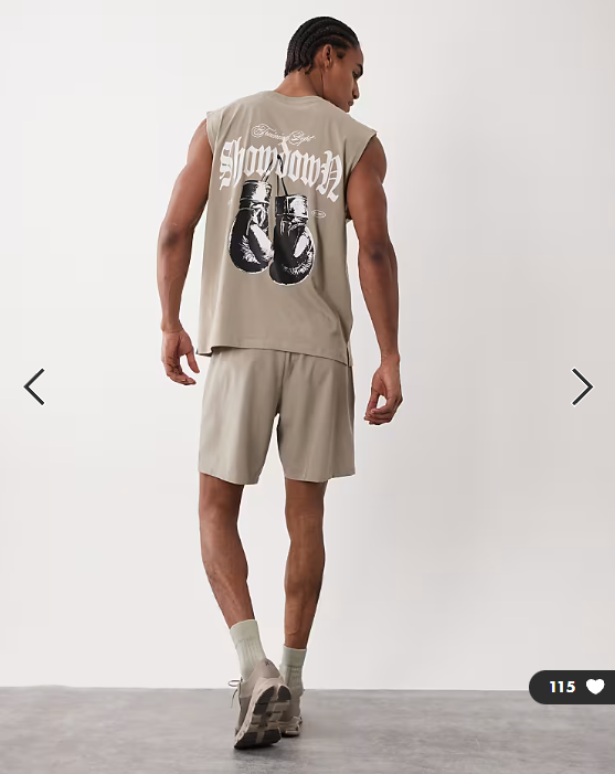 4505 cotton oversized pump training tank with boxing graphic and quick dry finish in greige.