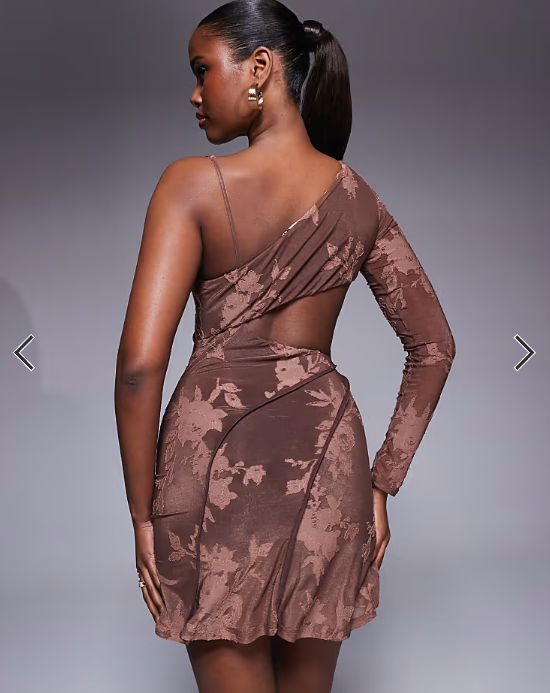 ASOS DESIGN devore one sleeve mini dress with open back and exposed seam details in brown