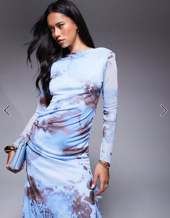 ASOS DESIGN mesh long sleeve frill detail a line maxi dress in blue floral print