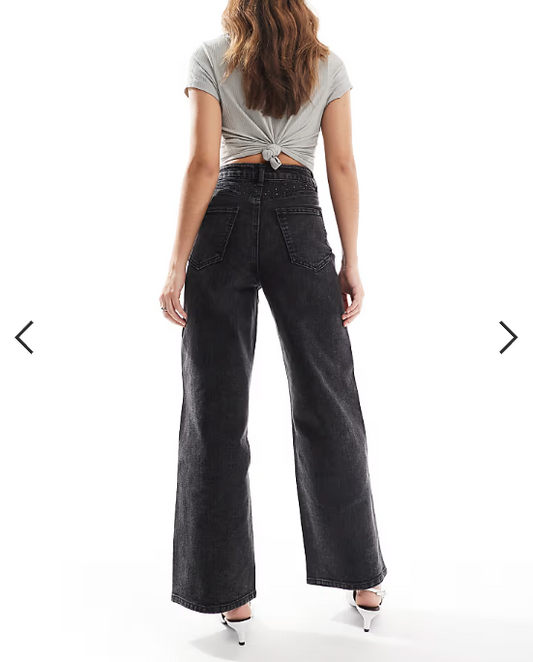 ONLY Hope wide leg jeans with rhinestones in washed black
