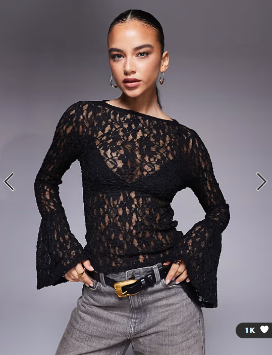ASOS DESIGN sheer lace fluted cuff top in black