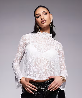 ASOS DESIGN lace babydoll long flute sleeve top with pie crust neck detail in cream