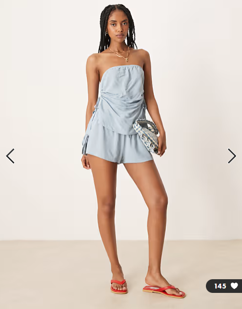 ASOS DESIGN linen blend ruched tie side bandeau top in blue co ord