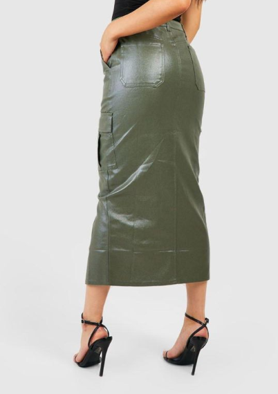 Boohoo Pu Coated Cargo Pocket Denim Midaxi Skirt - khaki