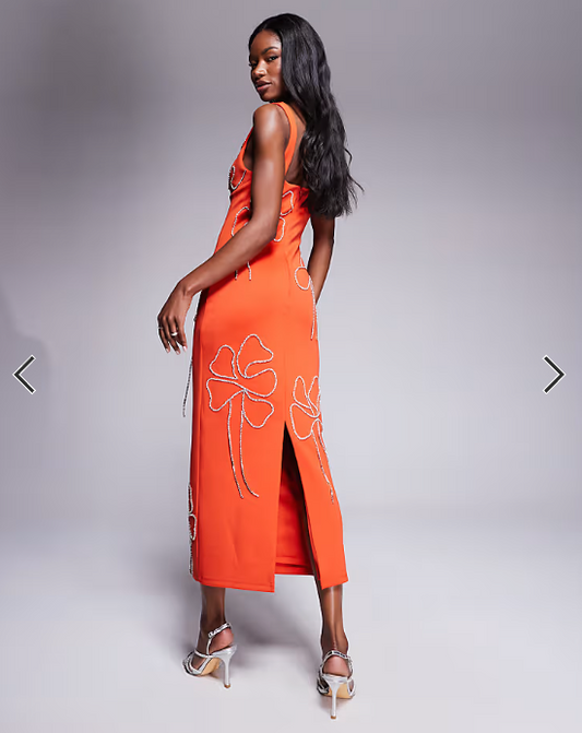 ASOS DESIGN sweetheart neckline pencil midi dress with flower chain embellishment in orange in scuba-style fabric