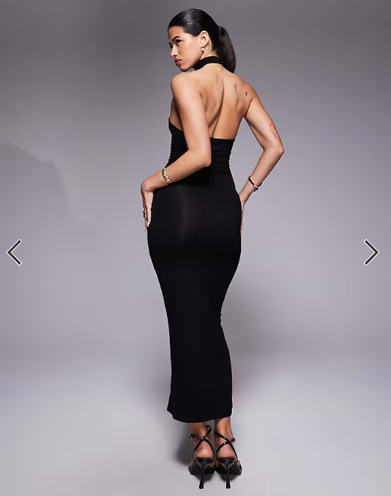 ASOS DESIGN knotted asymmetric high neck midi dress in black
