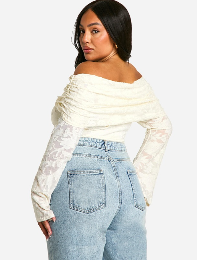 boohoo Curve Jacquard Bardot Bodysuit Top
