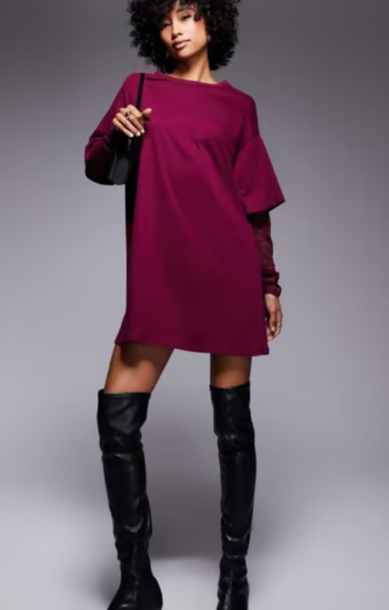 ASOS DESIGN long sleeve lace sleeve t shirt mini dress in burgundy
