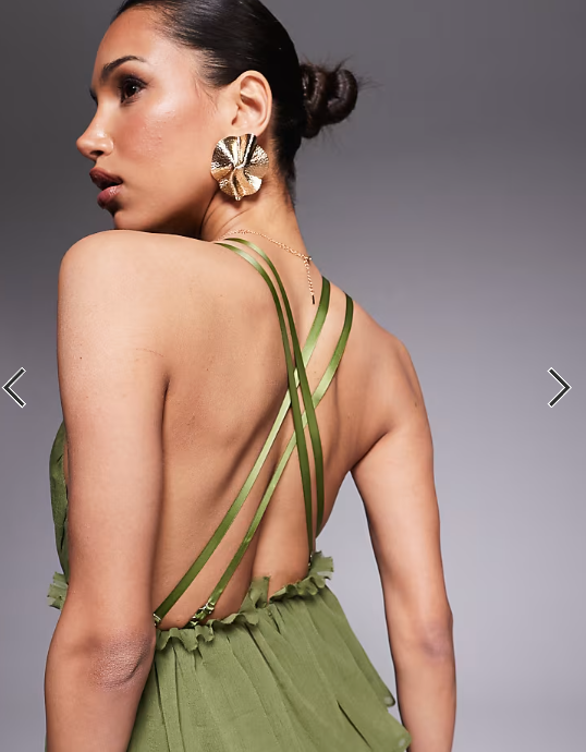 ASOS DESIGN pleated plunge midi dress with peplum in dark khaki