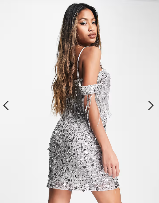 River Island tassel bardot sequin mini dress in silver