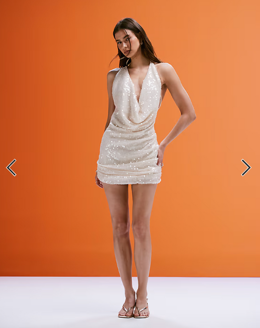 South Beach silver sequin mini beach dress in cream