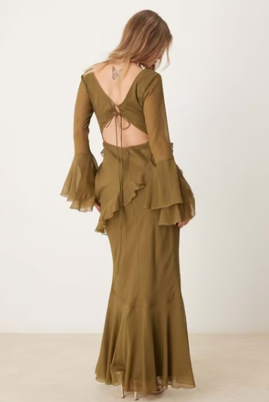 ASOS DESIGN v neck long sleeve ruffle maxi dress with cut out back in khaki green