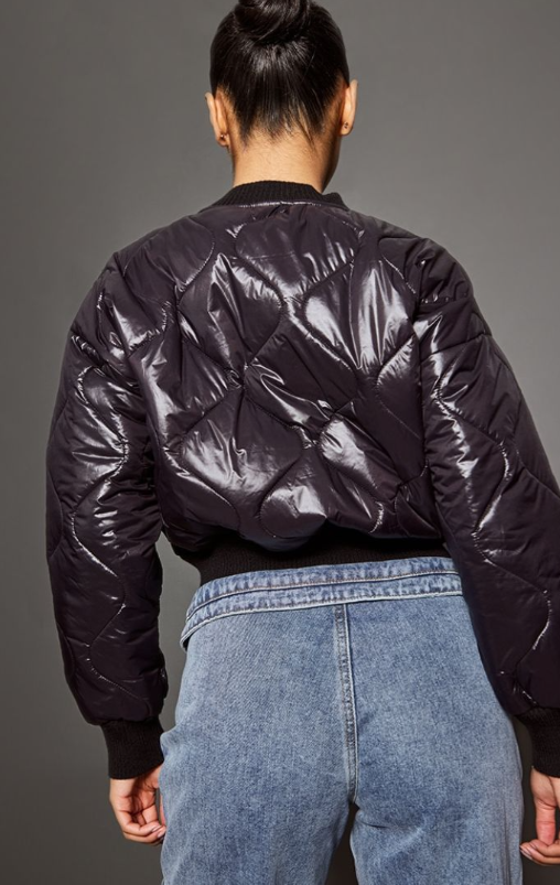 Plt Black Wave Quilted Cropped Bomber Jacket