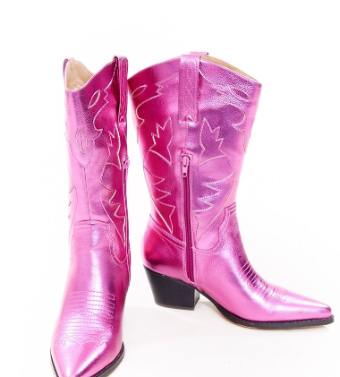 Pink Faux Leather Metallic Shine Block Heel Low Western Calf Boots