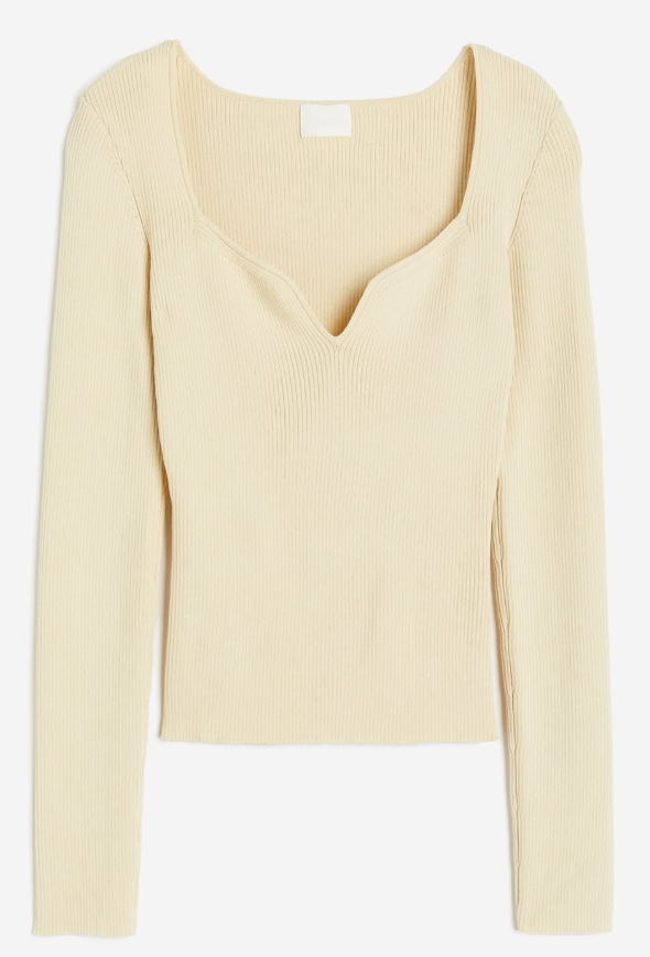 H&M - RIB-KNIT SWEETHEART-NECK TOP - Vanilla