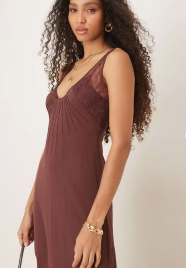 ASOS DESIGN lace and chiffon midi dress with godets in chocolate brown