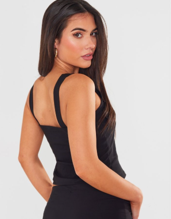 Black Stretch Woven Belt Detail Top