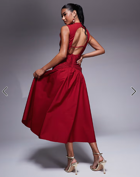 ASOS DESIGN midi dress with ruched bodice and centre channel detail in red
