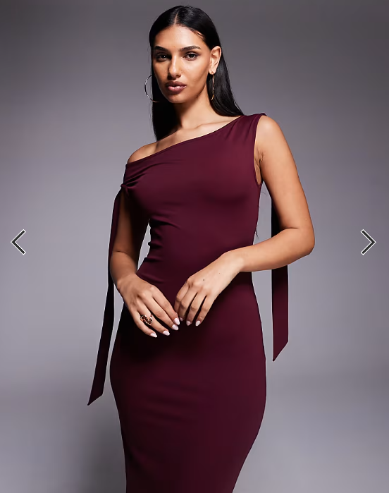 The Frolic exclusive slinky asymmetric shoulder tie detail bodycon maxi dress in burgundy