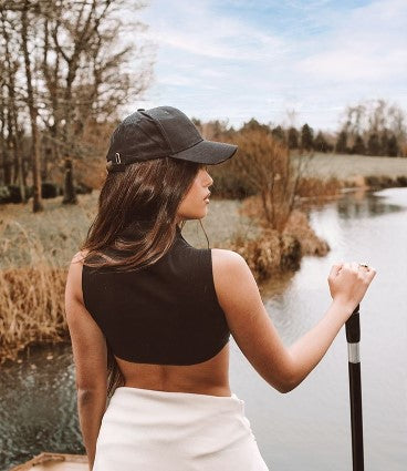 BLACK HIGH NECK CURVED HEM CROP TOP