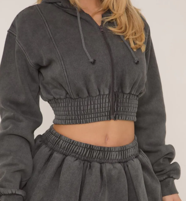 Long Sleeve Cropped Zip Up Hoodie In Grey