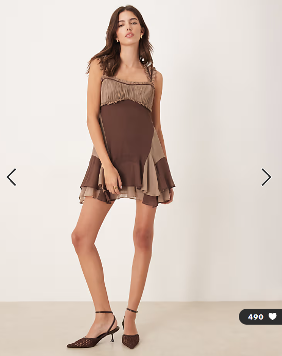 ASOS DESIGN cap sleeve contrast ribbon ruffle hem mini dress in brown