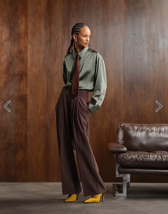 ASOS DESIGN satin cinch oversized shirt with contrast tie in olive