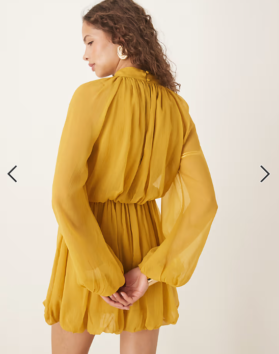 ASOS DESIGN long sleeve blouson mini dress with skirt in ochre