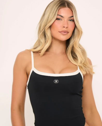 Contrast Scoop Neck Logo Detail High Leg Swimsuit
