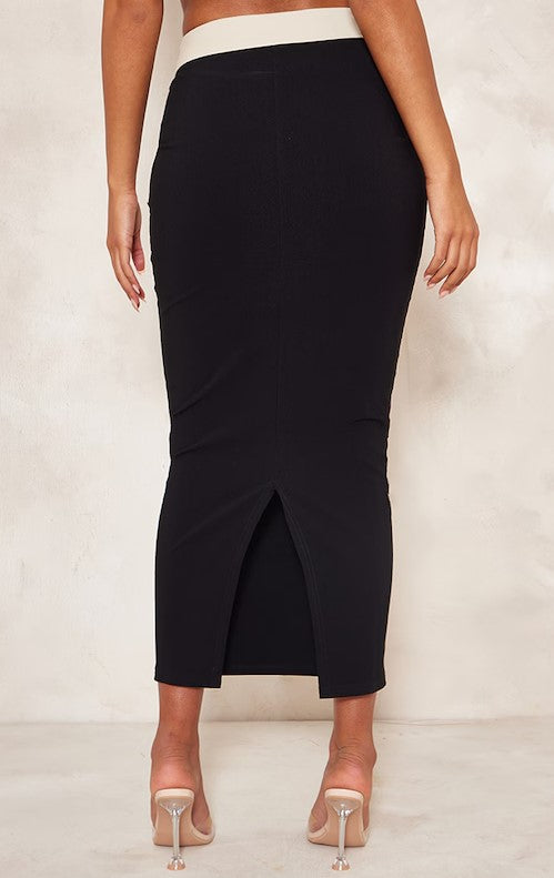 Tall Black Contrast Fold Over Midaxi Skirt