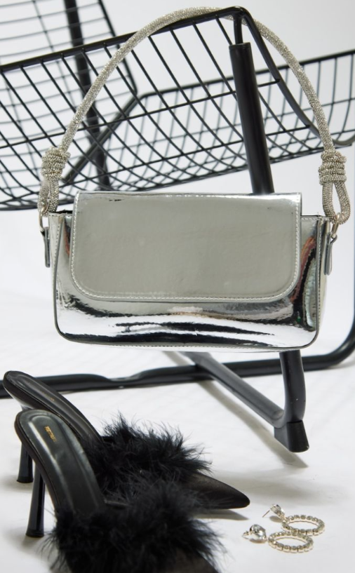 PLT- Silver Metallic Diamante Knot Handle Shoulder Bag