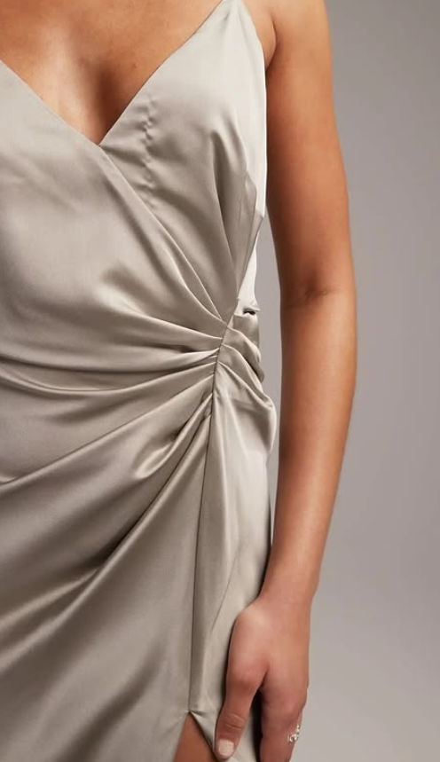 ASOS DESIGN Bridesmaid satin cami maxi dress with drape detail in sage green