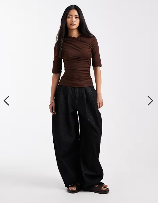 ASOS DESIGN short sleeve with wrap detail and ruching top in brown