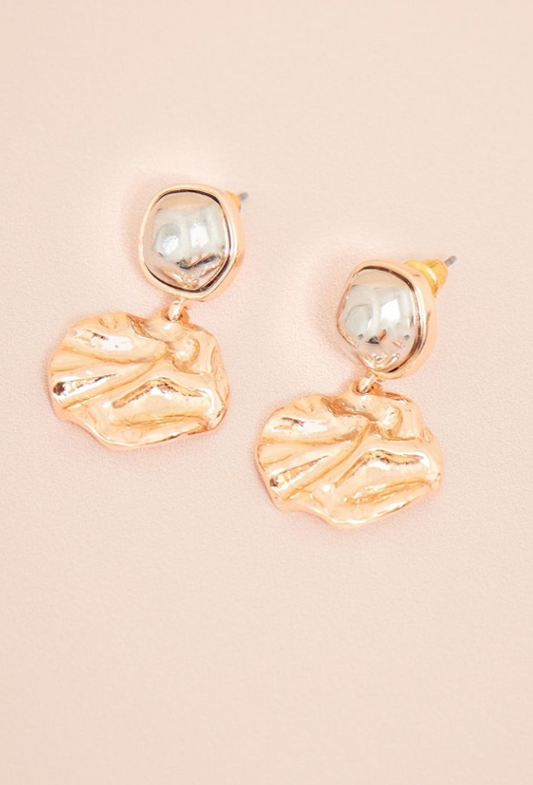 Gold Crinkle Drop Stud Earrings