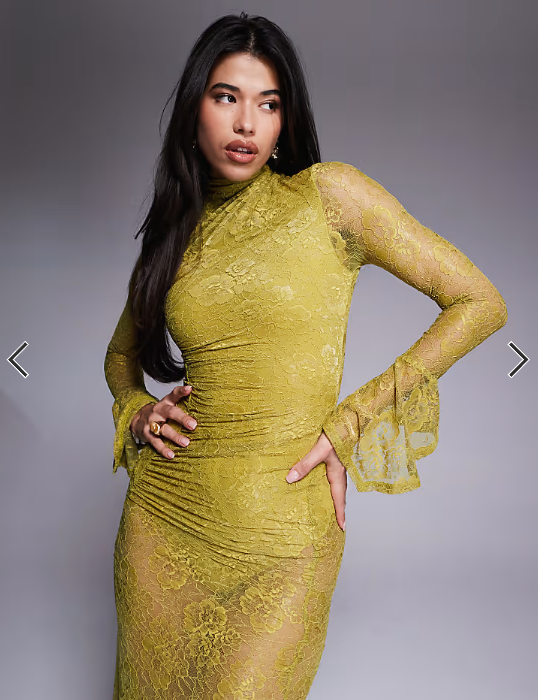 ASOS DESIGN high neck lace midi dress with asymmetric fluted sleeve cuffs in chartreuse