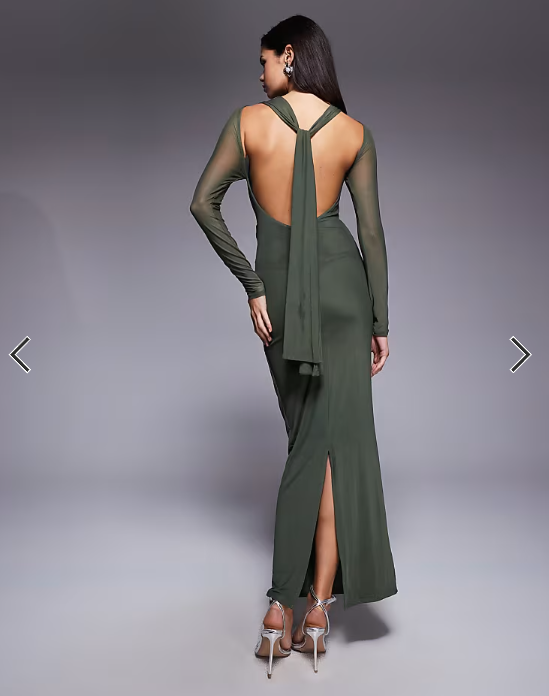 ASOS DESIGN mesh long sleeve twist bust detail halter maxi dress in khaki